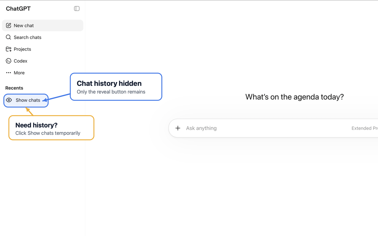 ChatGPT sidebar with chat history hidden by Chat Privacy, showing a Show chats button to temporarily reveal conversation titles