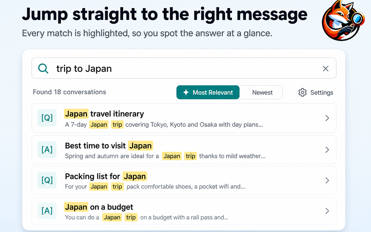 ChatGPT history search results with highlighted keyword matches sorted by relevance