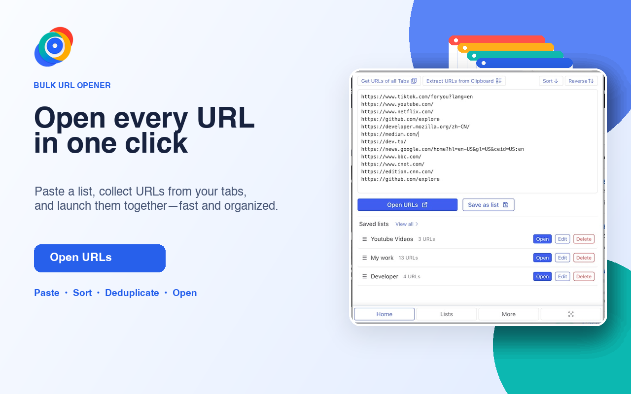 Open Multiple URLs extension popup with a pasted list of links, an Open URLs button, and saved lists shown below