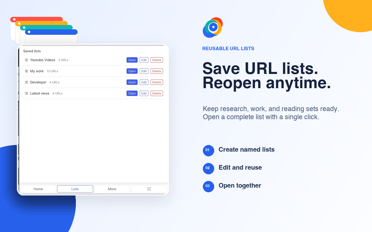 Open Multiple URLs saved lists feature showing named, reusable URL lists that reopen with a single click