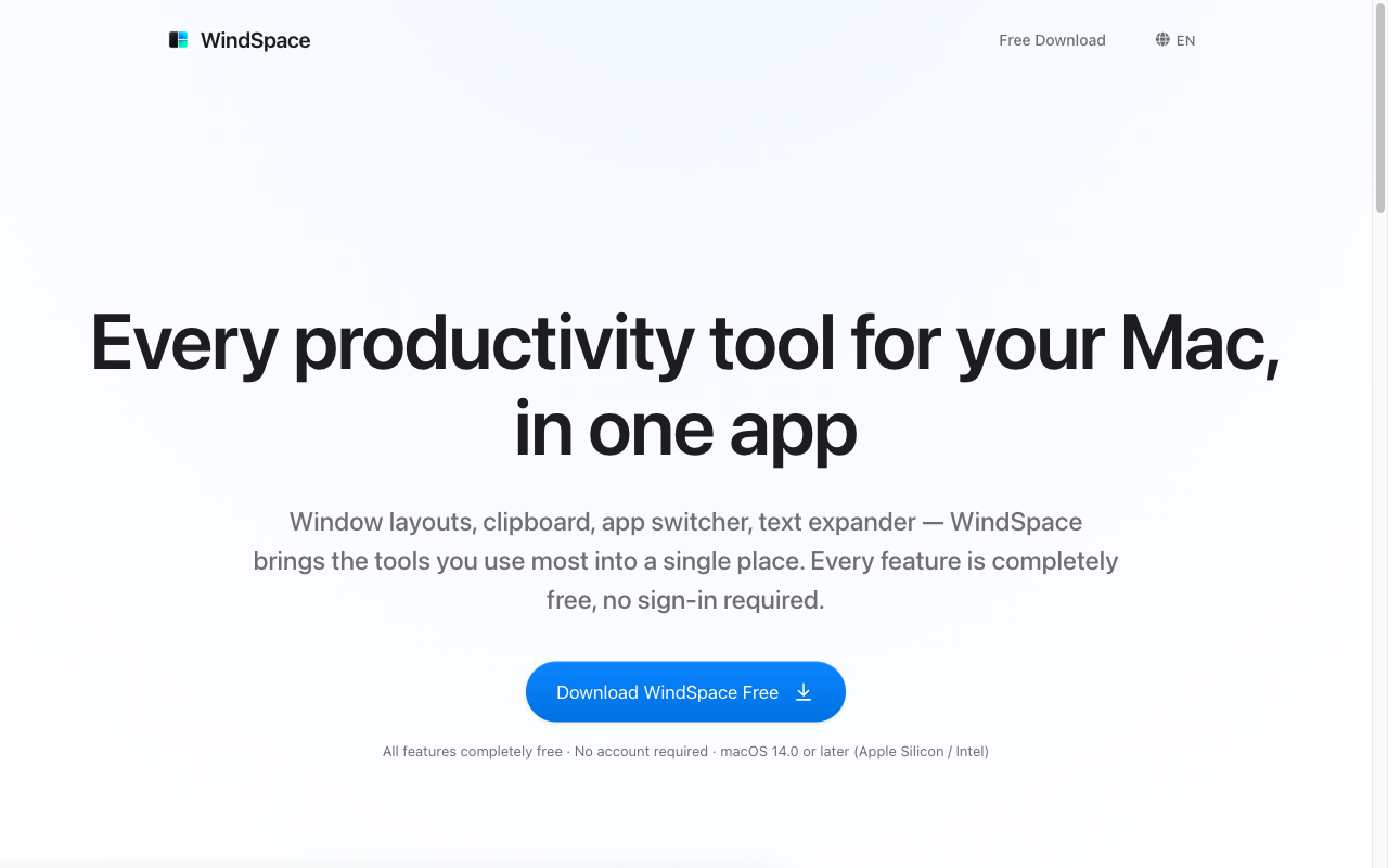 WindSpace landing page hero showing its Mac productivity tools