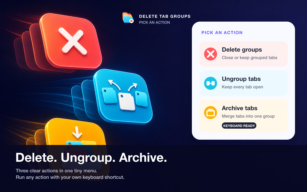 Delete Tab Groups extension settings showing current window versus all windows cleanup scope with saved preferences